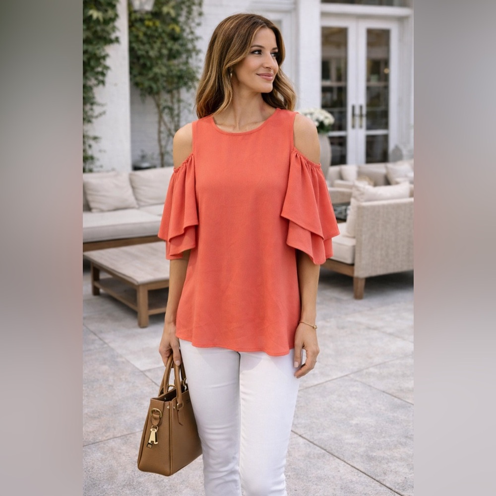 Michael Kors Coral Cold Shoulder Flutter Sleeve Blouse